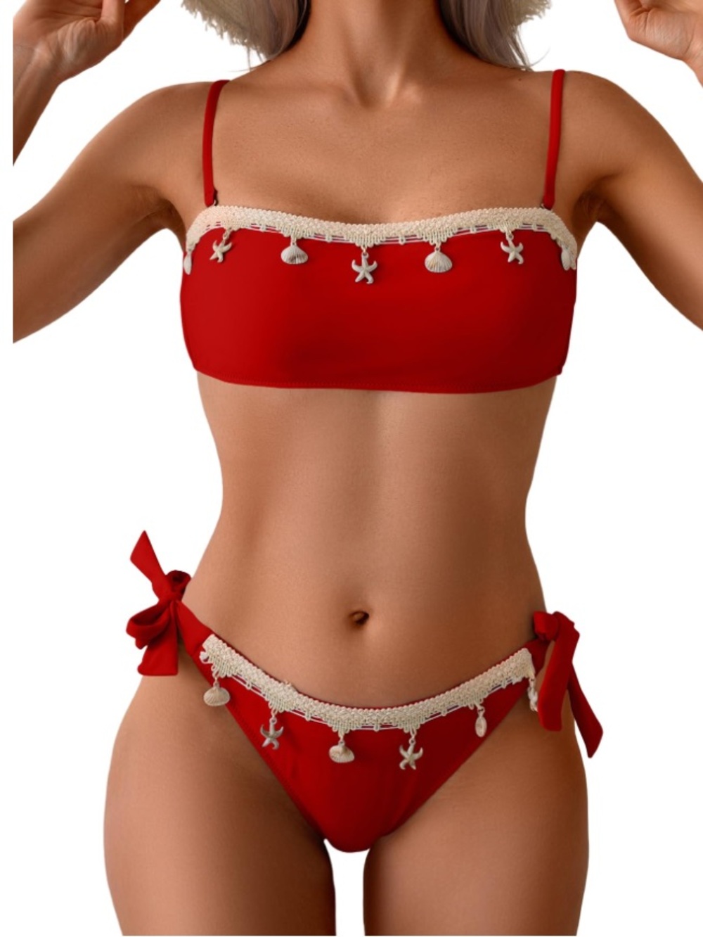 Bikini Set red ocean charms stars shells bandeau removable straps SZ M NWT